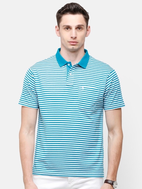 

Swiss Club Men Turquoise Blue Striped Polo Collar T-shirt