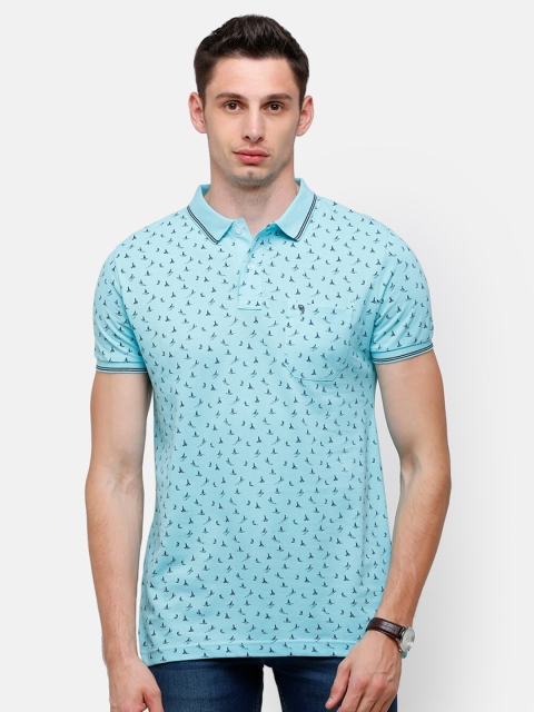 

Swiss Club Men Turquoise Blue Printed Polo Collar Slim Fit T-shirt