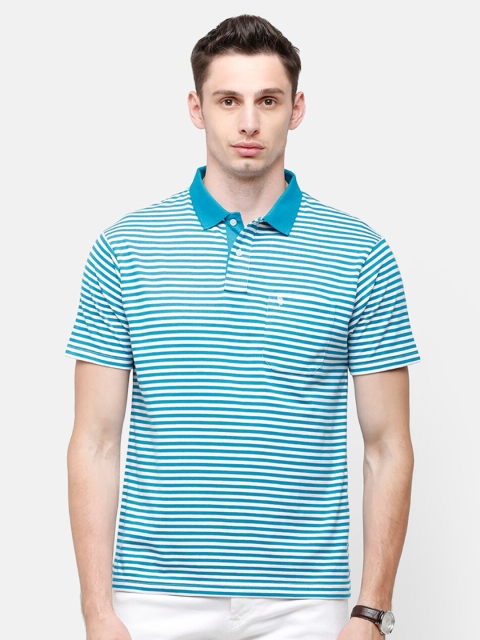 

Swiss Club Men Turquoise Blue Striped Polo Collar T-shirt