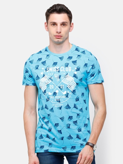 

Swiss Club Men Turquoise Blue Printed Slim Fit T-shirt