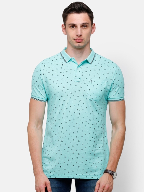 

Swiss Club Men Turquoise Blue Printed Polo Collar Slim Fit T-shirt