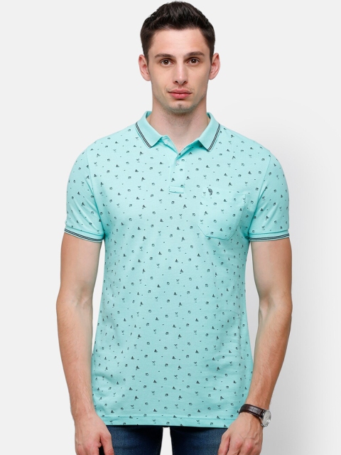 

Swiss Club Men Turquoise Blue Floral Printed Polo Collar T-shirt