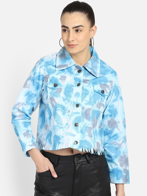 

emeros Women Blue Tie and Dye Lightweight Crop Tailored Jacket