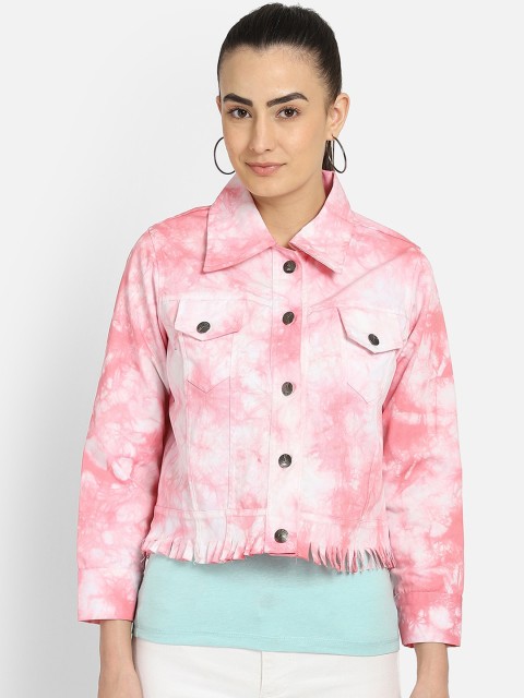 

emeros Women Pink Tie & Dye Frill Lightweight Crop Tailored Jacket