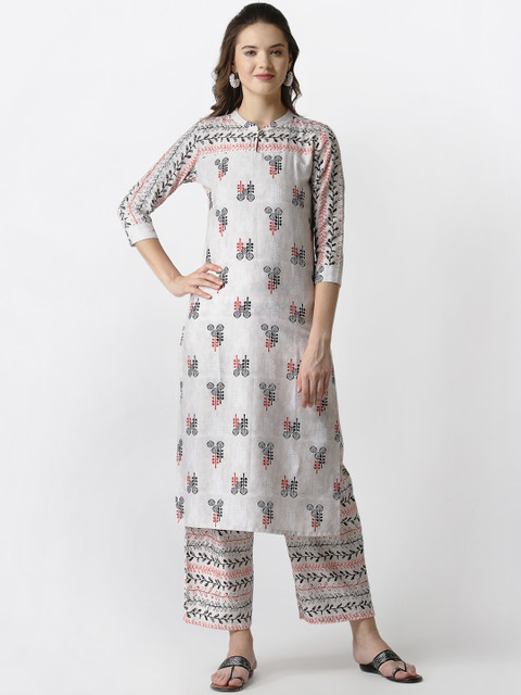 

SANISA Women Cream-Coloured Printed Panelled Kurti with Trousers