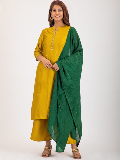 

Do Dhaage Women Mustard Yellow Embroidered Kurta with Palazzos & Dupatta