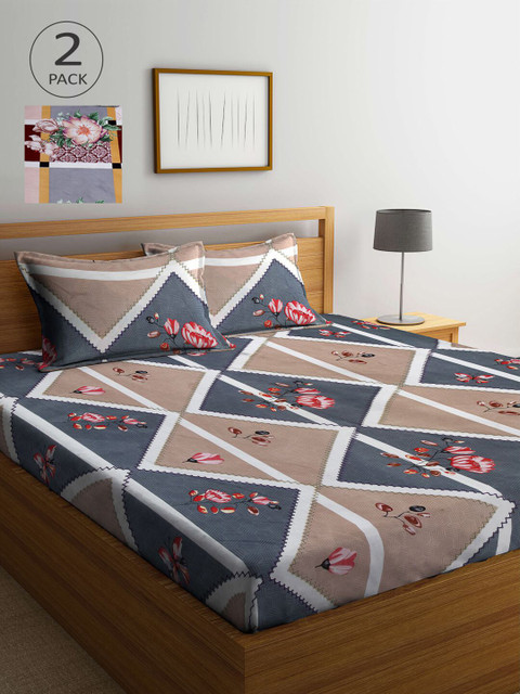 

KLOTTHE Brown & Grey Floral 210 TC 2 King Bedsheet with 4 Pillow Covers