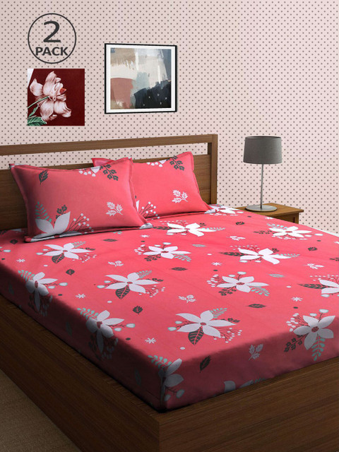 

KLOTTHE Red & Grey Floral 210 TC 2 King Bedsheet with 4 Pillow Covers