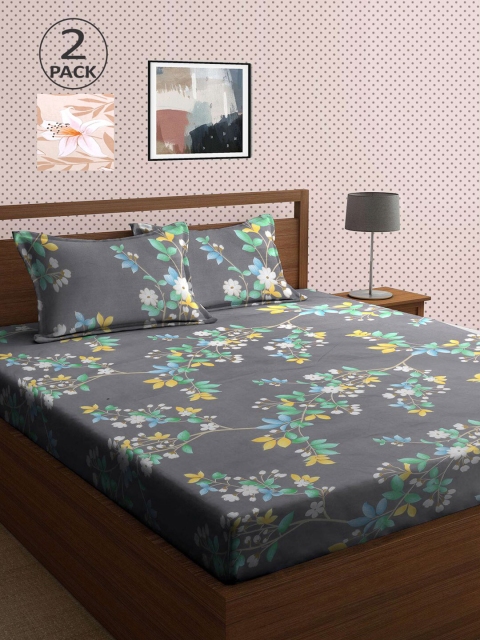 

KLOTTHE Grey & Green Floral 210 TC 2 King Bedsheet with 4 Pillow Covers