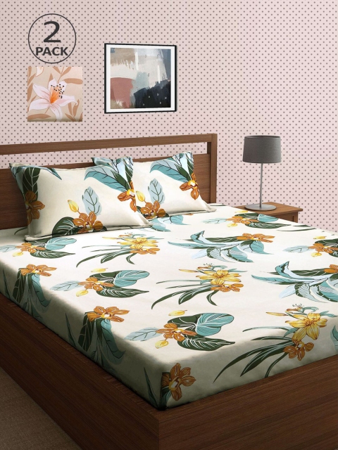 

KLOTTHE Beige & Green Floral 210 TC 2 King Bedsheet with 4 Pillow Covers
