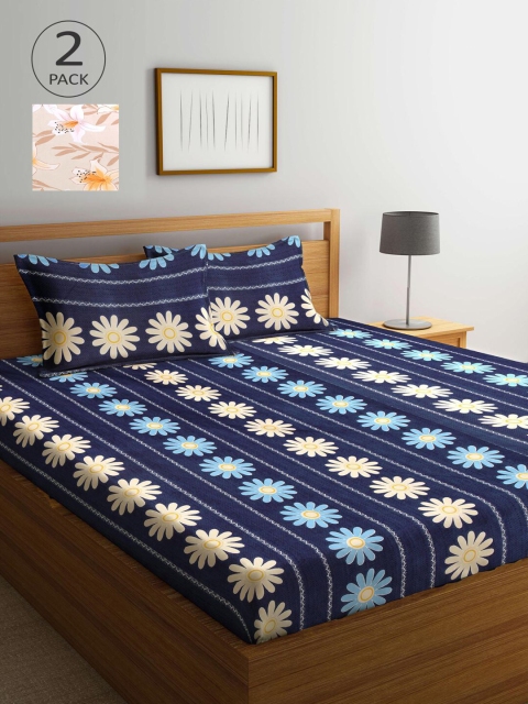 

KLOTTHE Navy Blue & Beige Floral 210 TC 2 King Bedsheet with 4 Pillow Covers