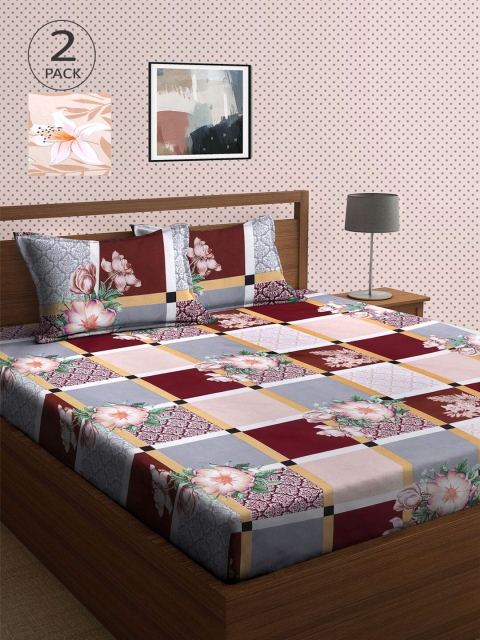 

KLOTTHE Grey & Brown Floral 210 TC 2 King Bedsheet with 4 Pillow Covers