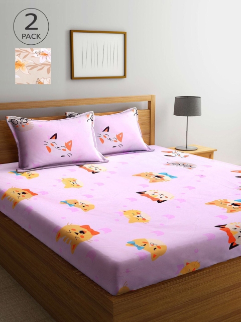 

KLOTTHE Lavender & Beige Cartoon Characters 210 TC 2 King Bedsheet with 4 Pillow Covers