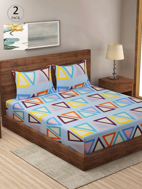 

KLOTTHE Set Of 2 Blue & Red Printed 210 TC King Bedsheets With 4 Pillow Covers