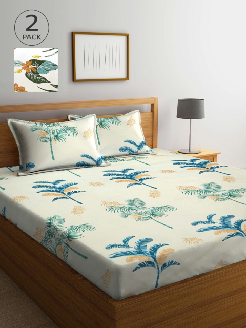 

KLOTTHE White & Green Floral 210 TC 2 King Bedsheet with 4 Pillow Covers