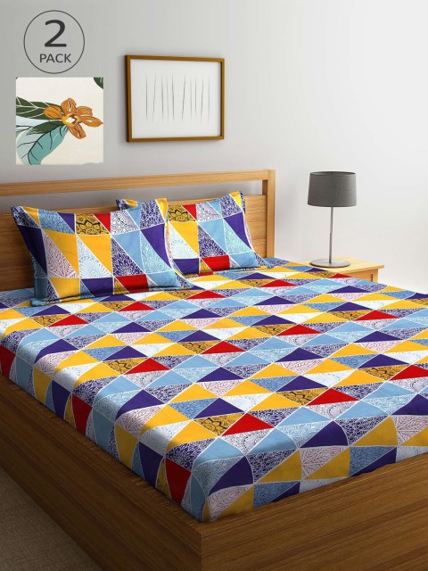 

KLOTTHE Blue & Off White Geometric 210 TC 2 King Bedsheet with 4 Pillow Covers