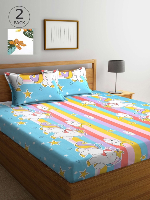 

KLOTTHE Blue & Pink Cartoon Characters 210 TC 2 King Bedsheet with 4 Pillow Covers