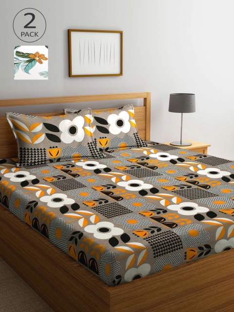 

KLOTTHE Yellow & Grey Floral 210 TC 2 King Bedsheet with 4 Pillow Covers