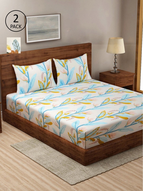 

KLOTTHE Set Of 2 White & Blue Printed 210 TC King Bedsheets With 4 Pillow Covers