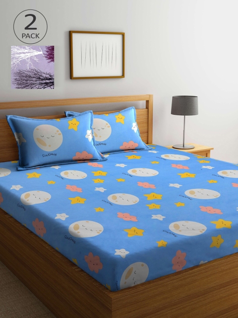 

KLOTTHE Blue & White Cartoon Characters 210 TC 2 King Bedsheet with 4 Pillow Covers