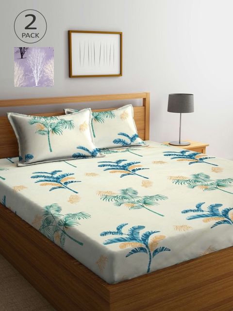 

KLOTTHE Set Of 2 White & Purple Printed 210 TC King Bedsheets With 4 Pillow Covers