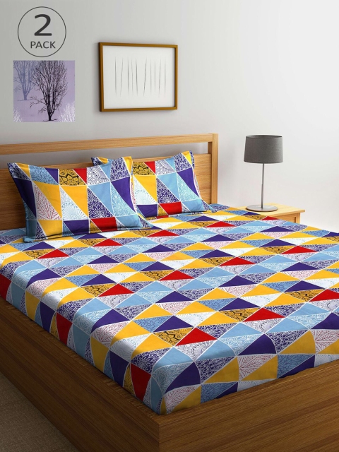 

KLOTTHE Blue & Grey Geometric 210 TC 2 King Bedsheet with 4 Pillow Covers