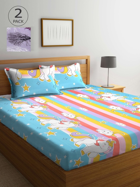 

KLOTTHE Pack of 2 Blue & Grey Cartoon 210 TC King Bedsheet with 4 Pillow Covers