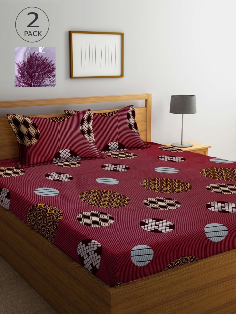 

KLOTTHE Maroon & Grey Geometric 210 TC 2 King Bedsheet with 4 Pillow Covers