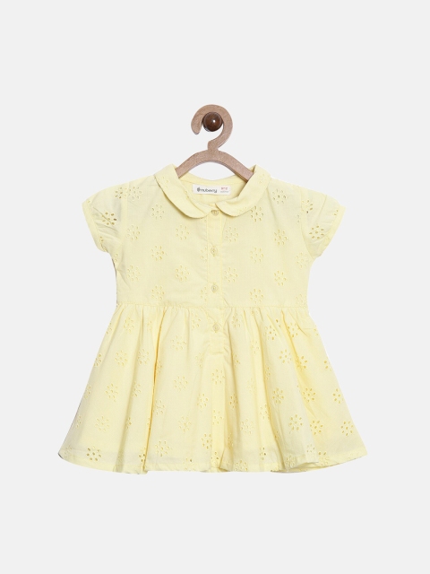 

Nuberry Yellow Cotton Self Design Peter Pan Collar Fit & Flare Dress
