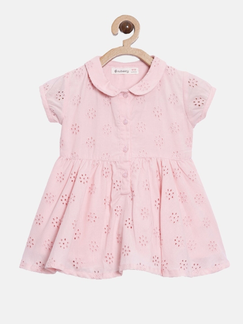 

Nuberry Pink Cotton Self Design Peter Pan Collar Fit & Flared Dress