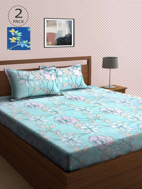

KLOTTHE Blue & Green Floral 210 TC 2 King Bedsheet with 4 Pillow Covers