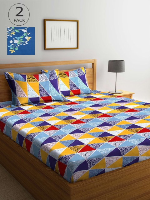 

KLOTTHE Blue & Yellow Geometric 210 TC 2 King Bedsheet with 4 Pillow Covers