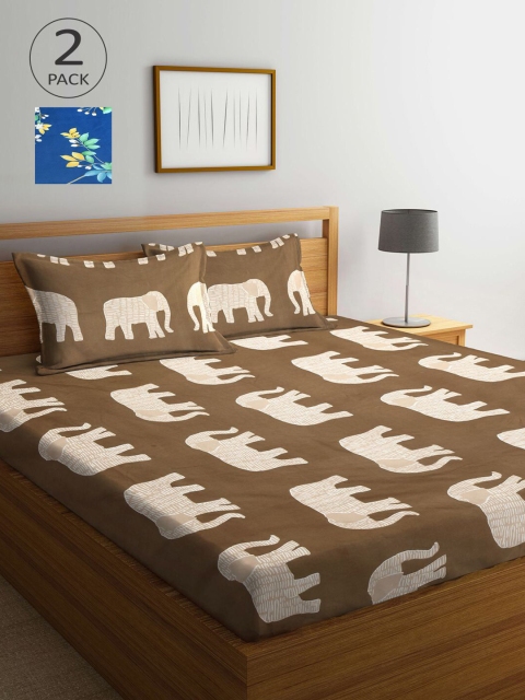 

KLOTTHE Pack of 2 Brown & Blue Cartoon 210 TC King Bedsheet with 4 Pillow Covers