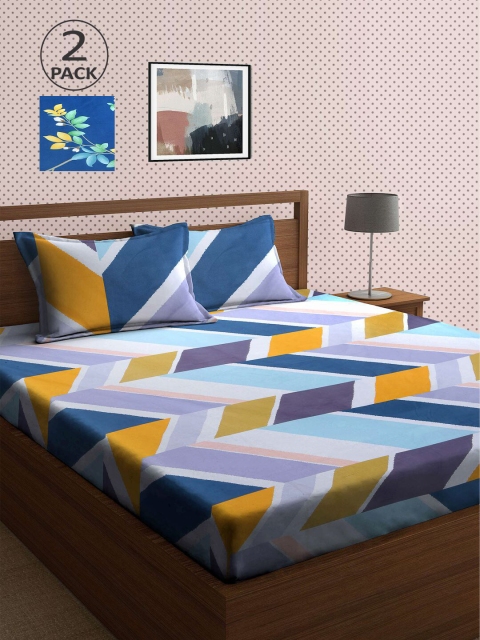 

KLOTTHE Blue & Yellow Geometric 210 TC 2 King Bedsheet with 4 Pillow Covers