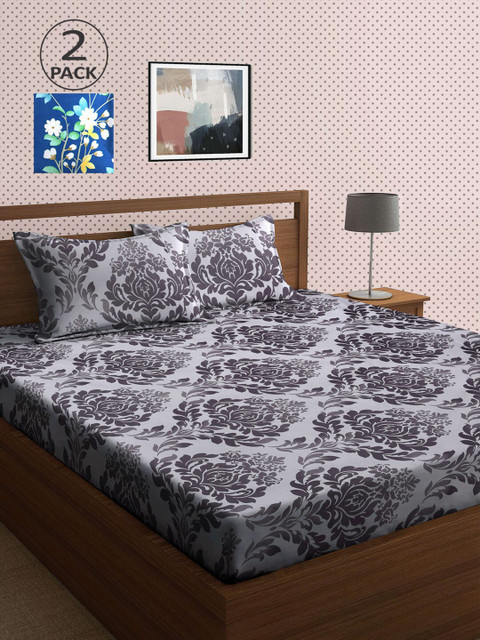 

KLOTTHE Blue & Grey Floral 210 TC 2 King Bedsheet with 4 Pillow Covers