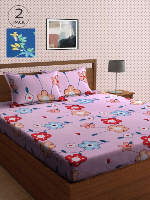 

KLOTTHE Navy Blue & Lavender Floral 210 TC 2 King Bedsheet with 4 Pillow Covers
