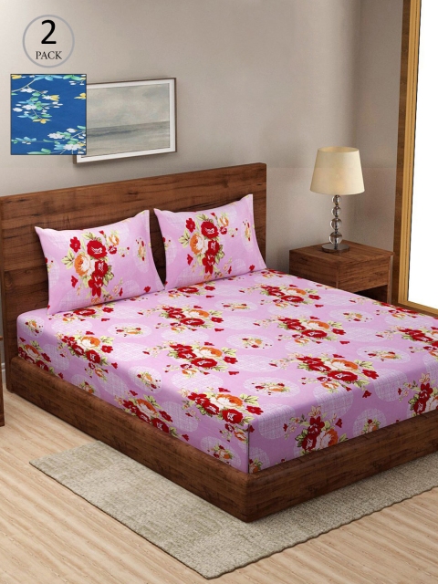 

KLOTTHE Pink & Blue Floral 210 TC 2 King Bedsheet with 4 Pillow Covers