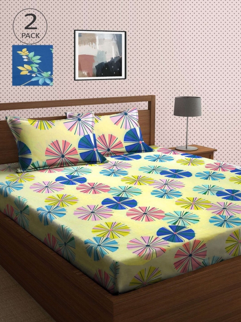 

KLOTTHE Yellow & Blue Floral 210 TC 2 King Bedsheet with 4 Pillow Covers