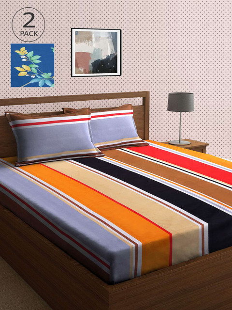 

KLOTTHE Grey & Navy Blue Striped 210 TC 2 King Bedsheet with 4 Pillow Covers