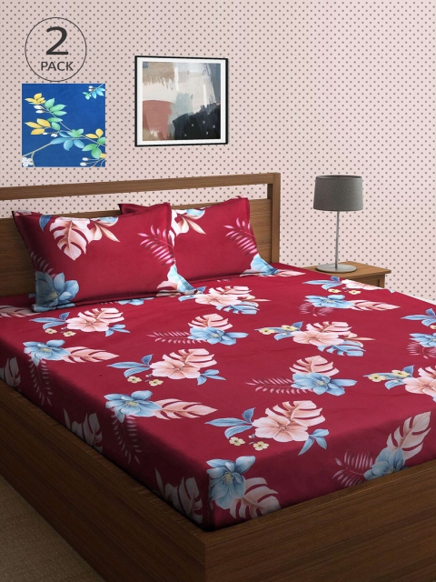 

KLOTTHE Set Of 2 Blue & Red Printed 210 TC King Bedsheets With 4 Pillow Covers