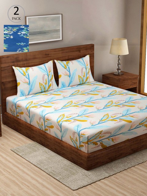 

KLOTTHE Navy Blue & White Floral 210 TC 2 King Bedsheet with 4 Pillow Covers