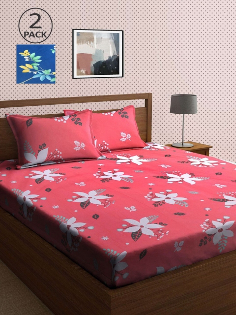 

KLOTTHE Pink & Blue Floral 210 TC 2 King Bedsheet with 4 Pillow Covers