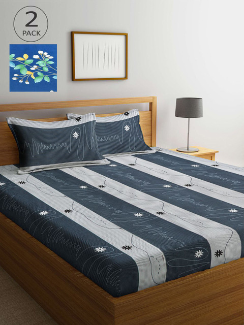 

KLOTTHE Grey & Blue Striped 210 TC 2 King Bedsheet with 4 Pillow Covers