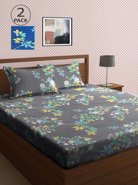 

KLOTTHE Navy Blue & Grey Floral 210 TC 2 King Bedsheet with 4 Pillow Covers