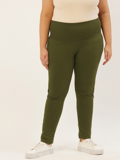 

Revolution Women Olive Green Solid Relaxed High-Rise Knitted Trousers