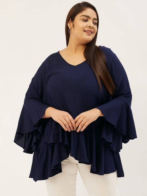 

Revolution Navy Blue Solid Flared Sleeves Ruffles Top