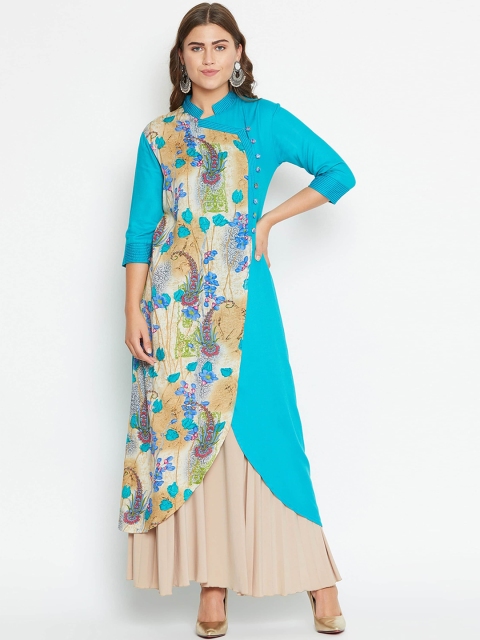 

TULIP 21 Women Turquoise Blue Geometric Printed Thread Work Asymmetric Kurta