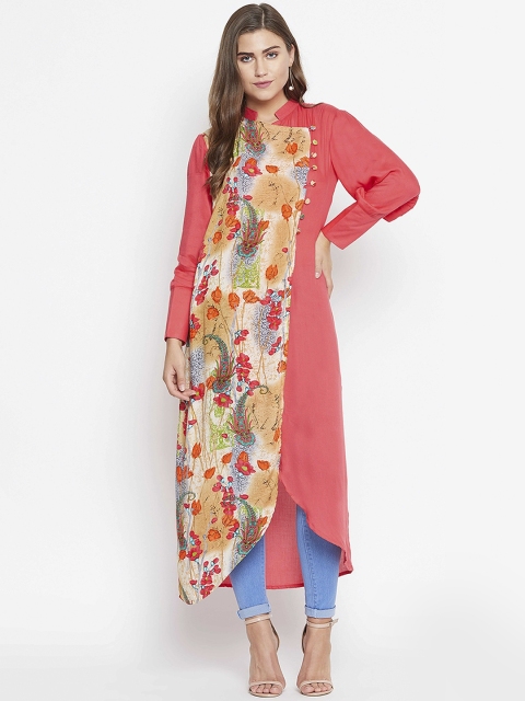 

TULIP 21 Women Peach-Coloured Embroidered Flared Sleeves Mirror Work Asymmetric Kurta