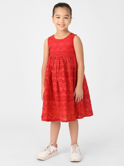 

Fabindia Girls Red Self Design Fit & Flare Dress
