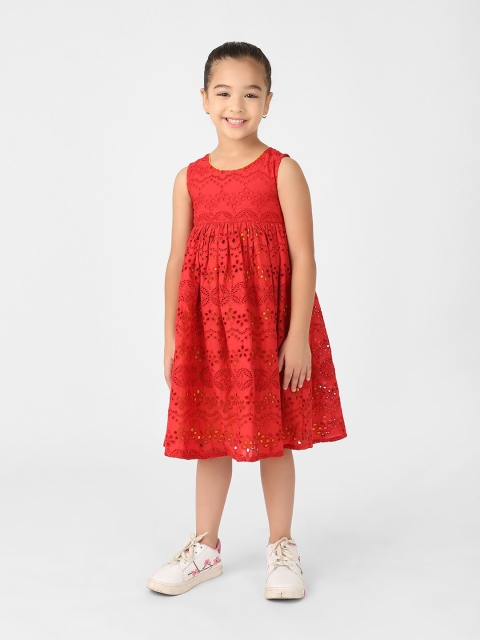 

Fabindia Red Empire Midi Schiffli Dress